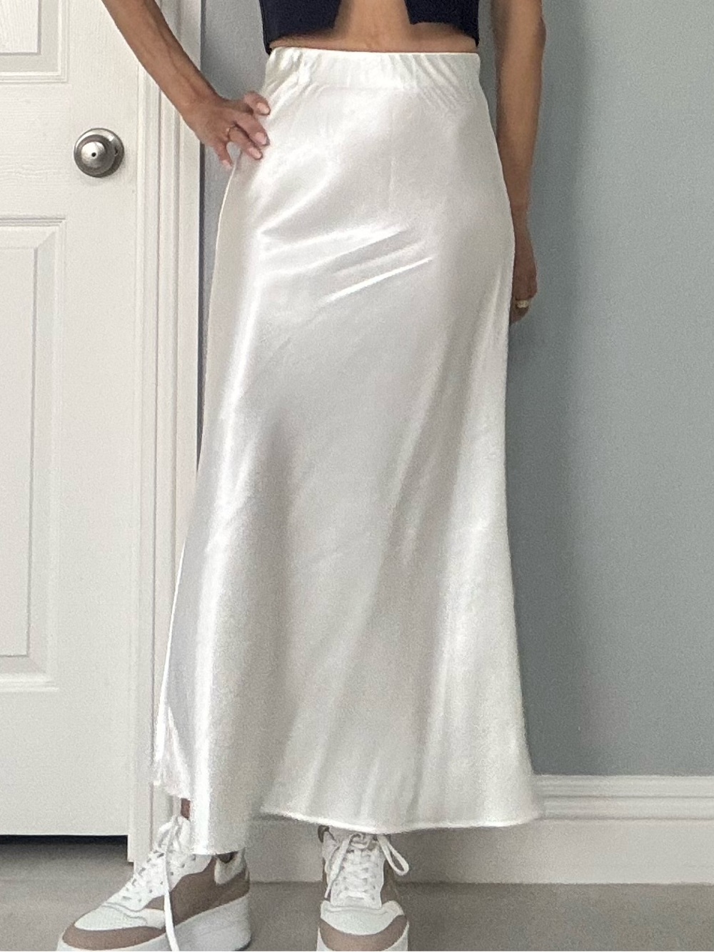 Satin White High Waisted Maxi Skirt With elastic Waistband